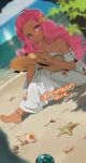  1girl bare_shoulders beach blurry blurry_foreground blush character_request commission copyright_request dark-skinned_female dark_skin dress dutch_angle hat highres holding holding_clothes holding_hat legs_up long_hair looking_at_viewer mads_ez outdoors parted_bangs pink_hair purple_eyes sitting smile solo straw_hat twitter_username white_dress 