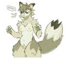 2019 5_fingers anthro biped black_eyes breasts brown_ears brown_tail canid canine canis digital_media_(artwork) fangs female fingers fur green_body green_fur green_hair green_tail growling hair looking_aside mammal multicolored_body multicolored_fur multicolored_tail navel nipples portrait shoulder_tuft simple_background solo speech_bubble standing tail tan_body tan_fur tan_inner_ear tan_nipples tan_nose tan_tail teeth thorn_paw three-quarter_portrait tuft white_background wolf