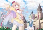  :o atelier_(series) atelier_meruru bad_id bad_pixiv_id banned_artist basket bloomers blue_eyes blush bow braid breasts brooch cape castle cloud crown day flower green_hair half_updo hat jewelry kaena_swaya long_hair looking_at_viewer medium_breasts merurulince_rede_arls mirai_(macharge) mountain multiple_girls open_mouth outstretched_arms red_bow short_hair sky smile tulip underwear v_arms white_bloomers 