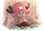 antlers black_eyes blue_nose brown_body clothing deer fangs grass hat headgear headwear hi_res hooves horn male mammal moonpaw17 new_world_deer one_piece pink_clothing pink_hat pink_headwear plant reindeer solo teeth tony_tony_chopper tree tree_stump