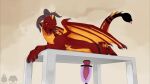 animated dragon feral furniture knot lying machine male mikeantilike_(artist) milking_machine pandoraingrid_(artist) penile penis_milking red_body solo table tail tail_mouth unusual_anatomy unusual_tail wings