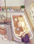  1girl arm_rest bath_stool bathing bathtub blush breasts bucket claw_foot_bathtub closed_eyes collarbone commentary_request drain_(object) facing_viewer faucet from_above full_body gochuumon_wa_usagi_desu_ka? hair_between_eyes hand_on_own_cheek hand_on_own_face highres indoors knees_up medium_breasts mirror mohei nude open_mouth partial_commentary plant potted_plant purple_hair single_sidelock sitting soap_bottle solo stool tedeza_rize water window 