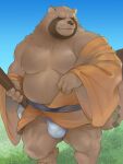 2023 anthro asian_clothing belly big_belly brown_body brown_fur bulge canid canine clothing dragon_quest east_asian_clothing eyes_closed fundoshi fur humanoid_hands japanese_clothing kemono male mammal moobs musclegut nipples outside overweight overweight_male raccoon_dog ronin_raccoon salz_sop solo square_enix tanuki underwear white_clothing white_fundoshi white_underwear
