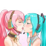  2girls aqua_eyes aqua_hair biting eyes_closed hatsune_miku headphones jt_dong-agyoku kiss kissing megurine_luka multiple_girls necktie pink_hair ponytail saliva tongue vocaloid yuri 