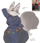 absurd_res anthro arctic_fox big_breasts breasts canid canine canis clothed clothing dreamworks ear_piercing female fox fur gikowinko grey_body grey_fur hi_res kung_fu_panda looking_at_viewer mammal piercing simple_background smile solo tail thick_thighs wide_hips zhen_(kung_fu_panda)