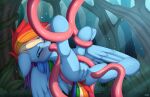 2023 anus blue_body blue_ears blue_wings blush bodily_fluids equid equine eyes_closed female feral friendship_is_magic genitals hair hasbro hi_res mammal multicolored_hair multicolored_tail my_little_pony omiart oral oral_penetration pegasus penetration pink_tentacles plant pussy rainbow_dash_(mlp) rainbow_hair rainbow_tail restrained sweat tail tentacle_in_mouth tentacle_penetration tentacles tree wings