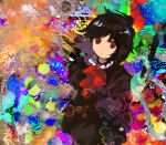  1girl black_dress closed_mouth commentary_request cowboy_shot dress flat_chest highres houjuu_nue kaigen_1025 looking_at_viewer multicolored_background neck_ribbon puffy_short_sleeves puffy_sleeves red_eyes red_ribbon ribbon short_dress short_sleeves solo surreal touhou 