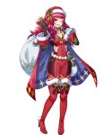  1girl blue_cape bodysuit boots breasts cape cleavage fire_emblem fire_emblem_engage fire_emblem_heroes hair_ornament hat highres holding holding_sack holly holly_hair_ornament ice_pick katze-reis-kuchen--nyankoromochi long_hair medium_breasts multicolored_cape multicolored_clothes non-web_source official_alternate_costume official_art open_mouth red_bodysuit red_cape red_footwear red_hair sack santa_hat simple_background smile solo star_(symbol) star_hair_ornament star_print thigh_boots white_background yunaka_(fire_emblem) yunaka_(fire_emblem)_(spirited_envoy) 