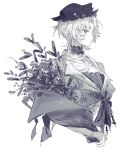  1girl bouquet closed_mouth collarbone cropped_torso druvis_iii greyscale hat highres holding holding_bouquet jacket long_hair monochrome parted_bangs profile rang_wo_zai_shui_10_fenzhong reverse:1999 simple_background sketch solo upper_body white_background 