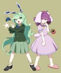  2girls :d animal_ears bishoujo_senshi_sailor_moon black_footwear blue_necktie blush brown_headwear brown_shirt brown_socks buttons cabbie_hat chamaruk collared_shirt commentary_request cosplay dress earclip eyeball floppy_ears frilled_sleeves frills full_body fusion green_eyes green_hair green_jacket green_skirt grin hair_between_eyes hat heart heart_necklace inaba_tewi jacket jewelry komeiji_koishi komeiji_satori long_sleeves looking_at_viewer medium_bangs multiple_girls necklace necktie open_mouth pink_dress pink_footwear pleated_skirt puffy_short_sleeves puffy_sleeves purple_eyes purple_hair rabbit_ears rabbit_girl rabbit_tail reisen_udongein_inaba ribbon-trimmed_dress ringo_(touhou) ringo_(touhou)_(cosplay) seiran_(touhou) seiran_(touhou)_(cosplay) shirt shoes short_hair short_sleeves simple_background skirt slippers smile socks tail third_eye touhou tsuki_ni_kawatte_oshioki_yo 