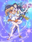  2girls bishoujo_senshi_sailor_moon black_hair blue_background blue_eyes choker commentary_request earrings gloves high_heels holding holding_stick jewelry long_hair looking_at_another miniskirt multiple_girls nami_(one_piece) nico_robin nikoban one_piece orange_choker orange_footwear orange_hair ponytail purple_background purple_choker sailor_pluto sailor_venus skirt smile star_(symbol) stick white_gloves 