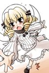  akou_roushi alternate_costume blonde_hair chestnut_mouth drill_hair jpeg_artifacts luna_child open_mouth red_eyes ribbed_sweater skirt solo sweater tears touhou tripping 