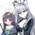  2girls :d ahoge animal_ear_fluff animal_ears black_choker black_dress black_hair blue_archive blue_eyes blunt_bangs breasts choker cleavage commentary_request cross_hair_ornament dress elbow_gloves extra_ears fake_animal_ears fish fishing fishing_rod flying_sweatdrops gloves grey_hair hair_between_eyes hair_ornament halo holding holding_fishing_rod leaf leaf_on_head long_hair long_sleeves looking_at_another medium_breasts mismatched_pupils miyu_(blue_archive) multiple_girls o_(rakkasei) rabbit_ears red_eyes school_uniform serafuku shiroko_(blue_archive) shiroko_terror_(blue_archive) sidelocks simple_background smile white_background wolf_ears wolf_girl 