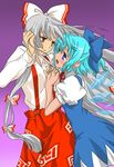  adjusting_hair blue_eyes blue_hair bow cirno eye_contact fujiwara_no_mokou grey_hair hair_bow holding_hands ice ice_wings kannazuki_no_miko long_hair looking_at_another multiple_girls parody puffy_sleeves quiet696 red_eyes short_hair smile style_parody touhou wind wings yuri 