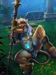 2023 anthro armor blizzard_entertainment blonde_hair bovid bovine breasts clothed clothing female fur hair hi_res hooves horn mammal np4tch outside raining signature solo spread_legs spreading staff tan_body tan_fur tauren warcraft