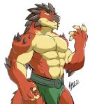 abs anthro bottomwear clothed clothing dragon hair lofnirv loincloth male muscular muscular_anthro muscular_male pecs red_body scalie simple_background solo spikes spikes_(anatomy) spiky_hair tail teeth topless yellow_body
