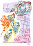  2boys agile_(mega_man) android clenched_hand clenched_teeth fire floating helmet highres in-universe_location male_focus mega_man_(series) mega_man_x2 mega_man_x_(series) multiple_boys pn13ban second_armor_x_(mega_man) teeth x_(mega_man) 