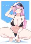  1girl absurdres bikini blue_archive breasts closed_mouth dazz_chan eimi_(blue_archive) eimi_(swimsuit)_(blue_archive) full_body highres long_hair looking_at_viewer navel pink_eyes pink_hair purple_eyes simple_background solo squatting swimsuit 