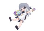  1girl alternate_costume alternate_hair_length alternate_hairstyle dress floating flower genshin_impact hair_between_eyes highres holding holding_flower jinfengkaze paimon_(genshin_impact) shoes simple_background solo white_background white_dress white_hair white_headwear 