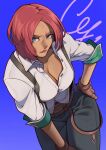  1girl blue_eyes breasts brown_gloves cleavage dark-skinned_female dark_skin fingerless_gloves giovanna_(guilty_gear) gloves guilty_gear guilty_gear_strive hairband high-waist_pants highres large_breasts looking_at_viewer pants partially_unbuttoned red_hair shirt short_hair sleepcatz sleeves_pushed_up spiked_hairband spikes suspenders suspenders_hanging white_shirt 