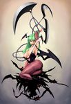  absurdres alxndr-art animal_print arm_up armpits bat bat_print bat_wings blade boots bridal_gauntlets chain demon_girl green_hair head_wings high_heels highres lips lipstick long_hair looking_at_viewer makeup morrigan_aensland mouth_hold pantyhose print_legwear shoes sitting solo succubus vampire_(game) wings 