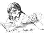  1girl akebi-chan_no_serafuku book camisole commentary glasses greyscale happy_birthday hiro_(dismaless) kojou_tomono long_hair lying monochrome reading short_shorts shorts sketch solo symbol-only_commentary 