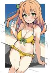  1girl arm_at_side bare_arms beach bikini blush border bow bow_bikini breasts cleavage collarbone commentary crossed_bangs curvy day dutch_angle feet_out_of_frame floating_hair frilled_bikini frills green_bow green_eyes grin hair_between_eyes hair_bun hair_ornament halterneck hand_up highres hinatsuki_mikan large_breasts leaf_hair_ornament long_hair looking_at_viewer machikado_mazoku navel nokia_hiyou one_side_up orange_hair outdoors sidelocks single_side_bun sitting sketch skindentation smile solo swimsuit symbol-only_commentary thighs white_border yellow_bikini 