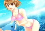  :d bad_id bad_pixiv_id bare_arms bare_shoulders bikini brown_eyes brown_hair collarbone dolphin dutch_angle eyebrows_visible_through_hair hair_ornament hairclip inflatable_toy kazuki_aoi leaning_forward ocean open_mouth original outdoors pink_bikini short_hair smile solo_focus swimsuit wading 