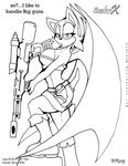 animal_ears anthro aval0nx bat big_breasts boots breasts english_text female hair looking_at_viewer mammal rouge_the_bat sega sonic_(series) tail text weapon wings 