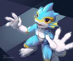 3_toes abs absurd_res anthro aquatic_dragon blue_body claws digital_media_(artwork) dragon fangs feet fin fish fishy_fizz hi_res looking_at_viewer male marine nude open_mouth paws simple_background smile solo teeth toes tongue white_body yellow_eyes
