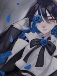  1girl ado_(utaite) black_bow black_bowtie black_jacket blue_eyes blue_flower blue_rose bow bowtie chando_(ado) closed_mouth cloud_nine_inc collared_shirt commentary_request dress_shirt falling_petals flower flower_brooch flower_over_eye hair_between_eyes hair_tucking highres jacket long_hair long_sleeves looking_at_viewer open_clothes open_jacket petals rose shirt solo upper_body utaite white_shirt yurosuke 
