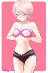  1girl armpit_crease arms_behind_back ass_visible_through_thighs black_panties blonde_hair blue_eyes breasts commentary_request kuku_(laser_beamer) looking_down mole mole_under_eye navel nipples original panties ribs short_hair signature small_breasts solo topless underwear 