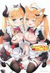  2girls :o ;d alternate_costume ayamy black_thighhighs blonde_hair blue_eyes breasts cleavage commentary_request enmaided food highres hololive horns ketchup large_breasts long_hair looking_at_viewer maid maid_headdress multiple_girls omelet omurice one_eye_closed open_mouth pointy_ears simple_background sitting smile thighhighs twintails twitter_username virtual_youtuber white_background yozora_mel yuzuki_choco 
