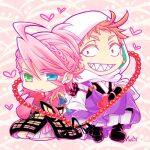  blue_eyes boots chibi heart hood iwatooshi japanese_clothes jewelry long_hair looking_at_viewer lowres male_focus monk multiple_boys naokichi orange_hair pink_hair ponytail red_eyes sharp_teeth signature smile souza_samonji teeth touken_ranbu 