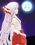  earrings from_side fujiwara_no_mokou full_moon hair_ribbon jewelry long_hair miyo_(ranthath) moon moonlight night night_sky pants red_eyes ribbon sideways_glance sky solo star_(sky) starry_sky suspenders touhou very_long_hair white_hair 