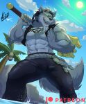 abs anthro beard biceps black_nose bottomwear bulge canid canine canis clothed clothing cloud facial_hair fur grey_body grey_fur hair hi_res law_(sdorica) lofnirv looking_at_viewer looking_down male mammal muscular muscular_anthro muscular_male nipples open_mouth pants pecs sdorica sky solo tail teeth text water wolf