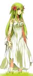  bare_shoulders dress flower gen_4_pokemon green_eyes green_hair hair_flower hair_ornament highres legendary_pokemon long_hair open_mouth personification pokemon puddingpudding shaymin simple_background sleeveless solo white_background white_dress 