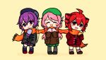  3girls blush_stickers chibi closed_eyes coat drill_hair full_body hat kasane_teto long_hair long_sleeves mittens momone_momo multiple_girls open_mouth pantyhose pleated_skirt purple_eyes purple_hair red_eyes red_hair robot_ears roto_(roto_doko) scarf shared_clothes shared_scarf short_hair skirt smile socks twin_drills utane_uta utau yellow_background 