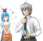  1girl ahoge apron bad_id bad_pixiv_id belt blush briefcase contemporary couple glasses hat hetero hinami_(hinatamizu) husband_and_wife jewelry kamishirasawa_keine long_hair married morichika_rinnosuke necktie ring smile sweat touhou upper_body wedding_band 