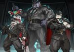  absurdres alternate_costume animal_ears arknights bara black_gloves black_headwear black_pants bulge character_request dislyte feet_out_of_frame fist_in_hand furry furry_male gloves green_necktie height_difference highres holding jin_qiu_(ru_shou)_(dislyte) large_pectorals looking_at_viewer male_focus matching_outfits mature_male mountain_(arknights) muscular muscular_male necktie pants pectorals prison short_hair strongman_waist sunglasses thick_eyebrows thick_thighs thighs tiger_boy tiger_ears traver009 white_fur 