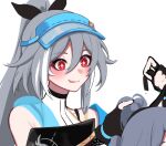  +_+ 2girls :p bare_shoulders black_gloves black_ribbon blue_headwear closed_mouth dual_persona fingerless_gloves fu_hua gloves grey_hair hair_between_eyes honkai_(series) honkai_impact_3rd multiple_girls ponytail red_eyes ribbon see-through simple_background smile solo_focus tongue tongue_out tying_hair unfinished upper_body visor_cap white_background yunomi_(yunomi_hs) 