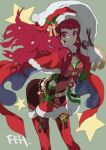  1girl blue_cape bodysuit cape facial_mark fire_emblem fire_emblem_engage fire_emblem_heroes hair_ornament hat holding holding_sack holly_hair_ornament multicolored_cape multicolored_clothes nanathuika official_alternate_costume red_bodysuit red_cape red_eyes red_hair sack santa_hat star_(symbol) star_facial_mark star_hair_ornament star_print two-tone_cape yunaka_(fire_emblem) yunaka_(fire_emblem)_(spirited_envoy) 