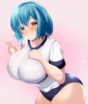  1girl absurdres blue_buruma blue_eyes blue_hair breasts buruma gym_shirt gym_uniform heterochromia highres huge_breasts looking_at_viewer musi_tino pink_background red_eyes shirt short_hair short_sleeves smile solo tatara_kogasa touhou white_shirt 