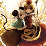  animal_ears animal_print bad_id bad_pixiv_id blonde_hair brown_dress brown_hair capelet dress gem grey_hair hair_ornament jewelry mouse_ears mouse_tail multicolored_hair multiple_girls nazrin necklace pendant polearm red_eyes rin_(royal) shawl shirt short_hair skirt skirt_set tail tiger_print toramaru_shou touhou trident two-tone_hair weapon 