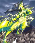 angrycontra anthro canid canine digital_media_(artwork) electricity electricity_manipulation elemental_creature elemental_manipulation fox fox_ears fox_tail fur grey_hair hair hi_res lightning male mammal nude open_mouth ponytail solo storm tail yellow_body yellow_fur