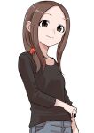  1girl blush brown_eyes brown_hair closed_mouth forehead highres housewife inaba_mifumi karakai_jouzu_no_(moto)_takagi-san karakai_jouzu_no_takagi-san long_hair long_sleeves looking_at_viewer mature_female shirt simple_background smile solo standing takagi-san white_background 