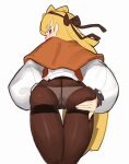  1girl ass ass_focus blonde_hair bow brown_bow brown_capelet brown_pantyhose capelet gya_rb highres lobotomy_corporation long_hair panties panties_under_pantyhose pantyhose project_moon shirt simple_background tiphereth_a_(project_moon) underwear very_long_hair white_background white_panties white_shirt 