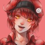  1girl cerylia_rectris hataraku_saibou open_mouth red_blood_cell_(hataraku_saibou) red_hair red_headwear red_nose red_shirt shirt short_hair signature yellow_eyes 