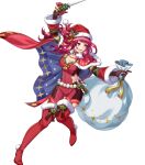  1girl attack blue_cape bodysuit boots breasts cape cleavage fire_emblem fire_emblem_engage fire_emblem_heroes hair_ornament hat highres holding holding_sack holly holly_hair_ornament ice_pick katze-reis-kuchen--nyankoromochi long_hair medium_breasts multicolored_cape multicolored_clothes non-web_source official_alternate_costume official_art open_mouth red_bodysuit red_cape red_footwear red_hair sack santa_hat simple_background smile solo star_(symbol) star_hair_ornament star_print thigh_boots white_background yunaka_(fire_emblem) yunaka_(fire_emblem)_(spirited_envoy) 