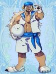  1boy :d animal_hands ball bara blonde_hair blue_background closed_eyes curled_horns dairoku_ryouhei full_body gloves hair_between_eyes hand_up hat holding holding_ball horns key_lue komi_kuroudo long_hair male_focus muscular muscular_male open_clothes open_shirt paw_gloves paw_shoes sailor_collar sailor_hat sailor_shirt shirt shorts sidelocks smile solo tan very_long_hair white_footwear white_shirt white_shorts 